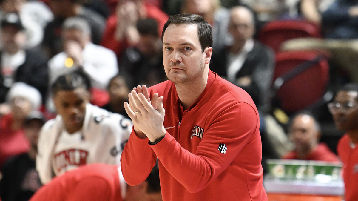 Mar 5, 2024; Las Vegas, Nevada, USA; UNLV Rebels head coach Kevin Kruger reacts to a play in the first half against the San Diego State Aztecs at Thomas & Mack Center. Mandatory Credit: Candice Ward-Imagn Images