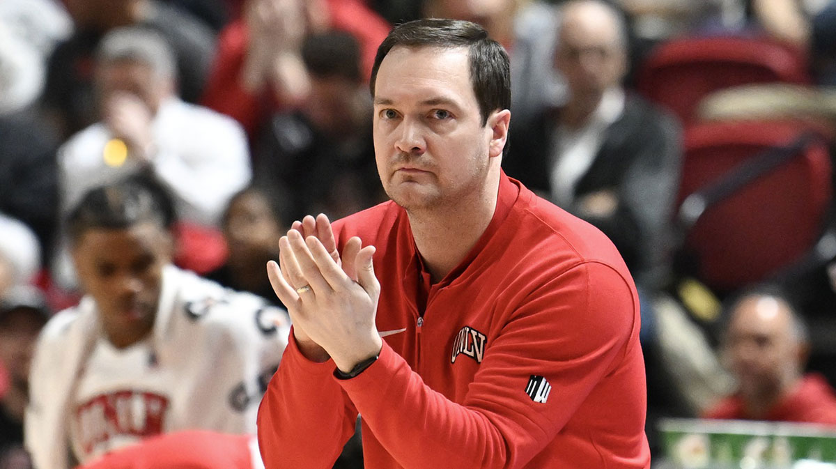 UNLV Rebels head coach Kevin Kruger reacts to a play in the first half against the San Diego State Aztecs at Thomas & Mack Center. 