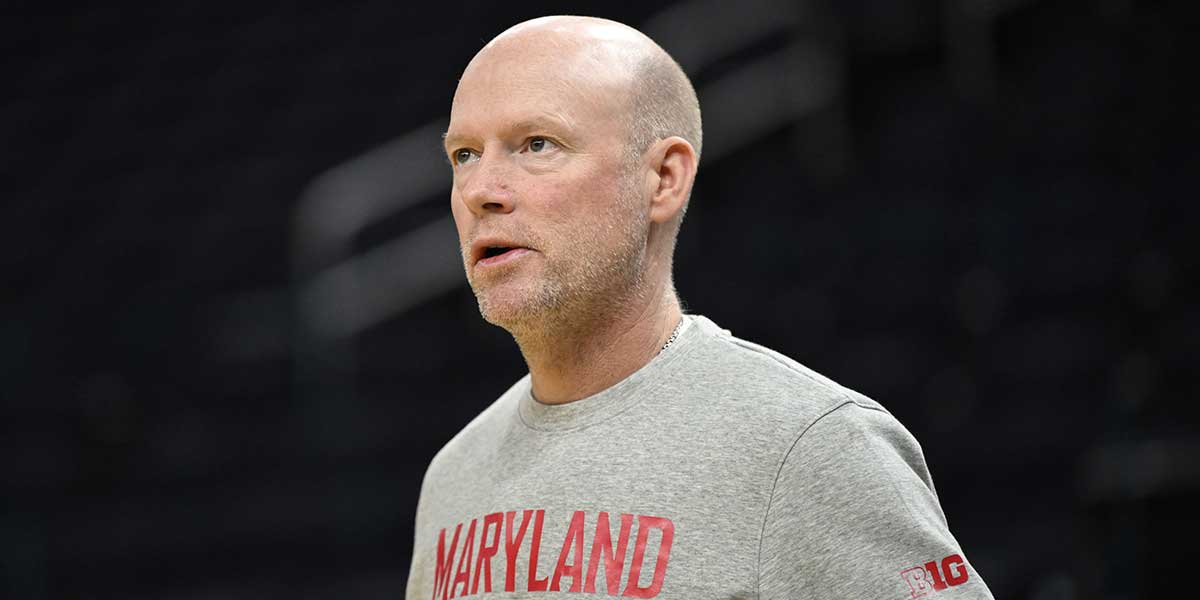 Maryland Terrapins head coach Kevin Willard watches during NCAA Tournament West Regional Practice at Chase Center. Mandatory Credit: Eakin Howard-Imagn Images
