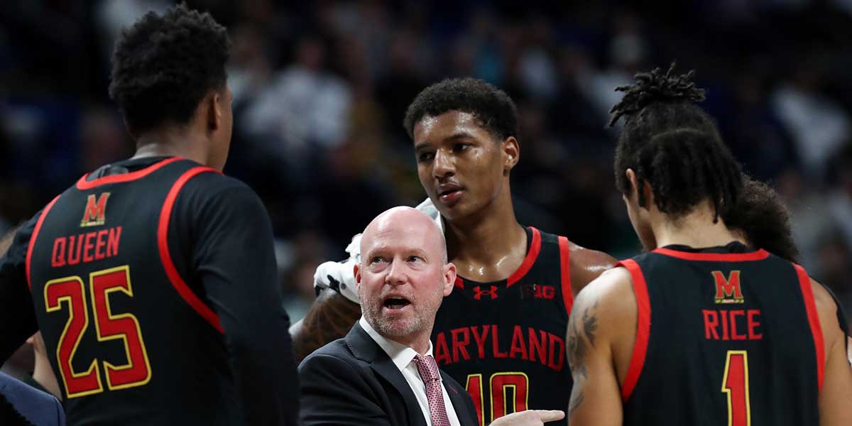 Maryland Terrapins head coach Kevin Willard talks with his players during a timeout in the second half against the Penn State Nittany Lions at Bryce Jordan Center.