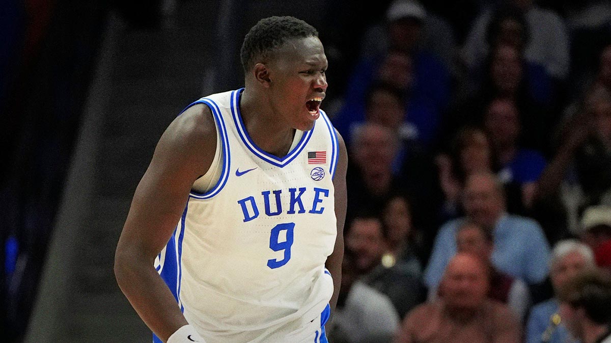 Duke Blue Devils Center Khaman Maluach (9) reacts after the vice reaches at half time in the Spectrum Center.