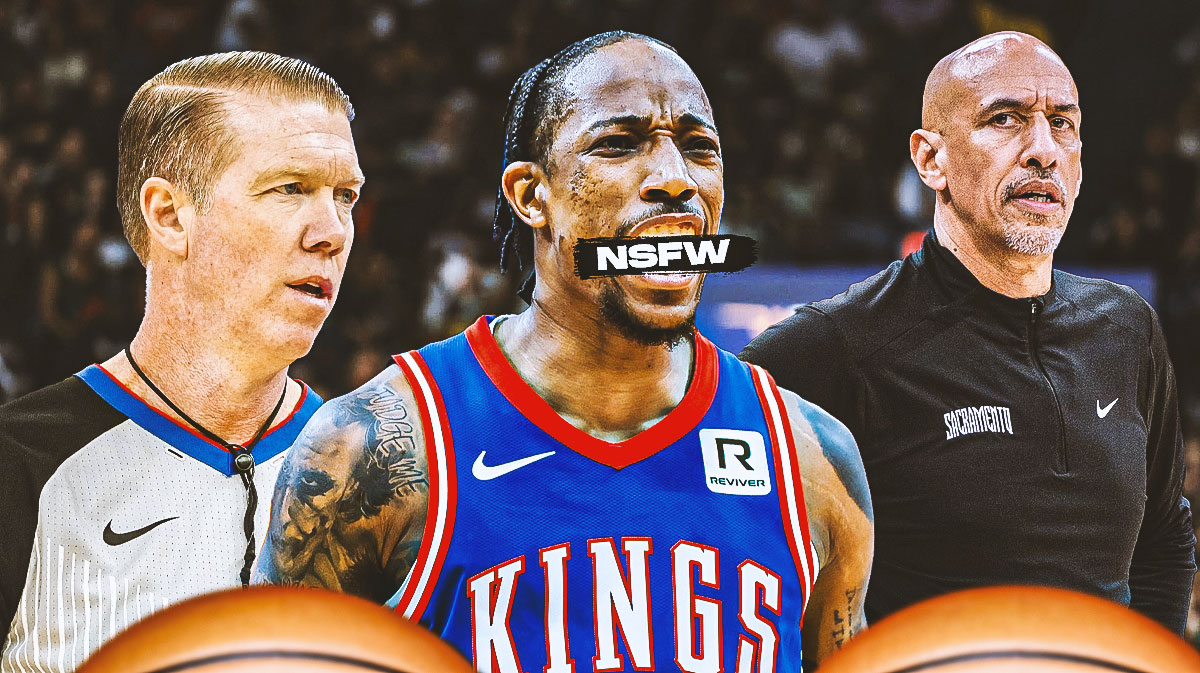 Kings' DeMar DeRozan "NSFW" next to Doug Christie and Ed Malloy