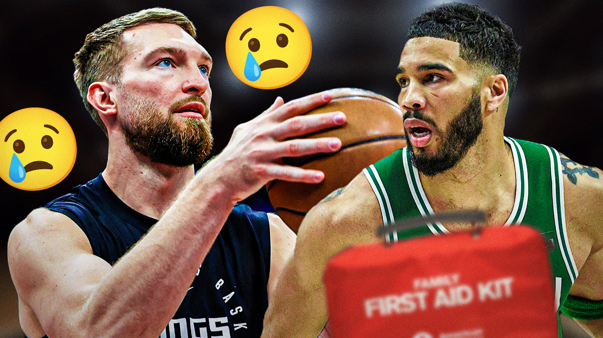 Kings center Domantas Sabonis with crying emojis around him, and Celtics star Jayson Tatum with medical signs around him.