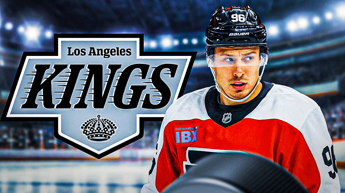 Andrei Kuzmenko looking stern (Philadelphia Flyers), Los Angeles Kings logo, hockey rink in background