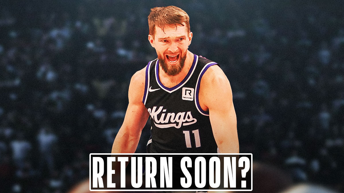 Kings' Domantas Sabonis hyped up, with caption below: RETURN SOON?