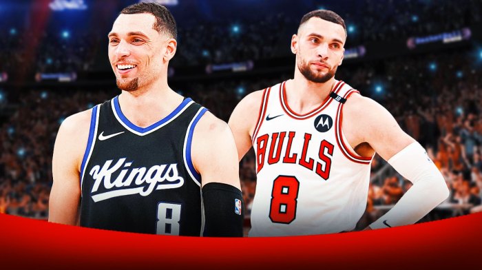 Zach LaVine in a Sacramento Kings jersey next to himself in a Bulls jersey in front of Golden 1 Center.
