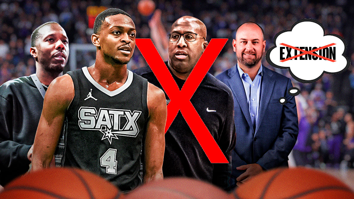 Spurs' De'Aaron Fox and Rich Paul next to Kings' Monte McNair and Mike Brown with red Xs