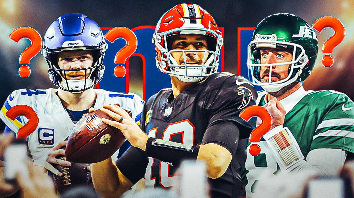 Atlanta Falcons QB Kirk Cousins with Vikings QB Sam Darnold and Jets QB Aaron Rodgers. They are surrounded by question mark emojis. There is also a logo for the New York Giants.