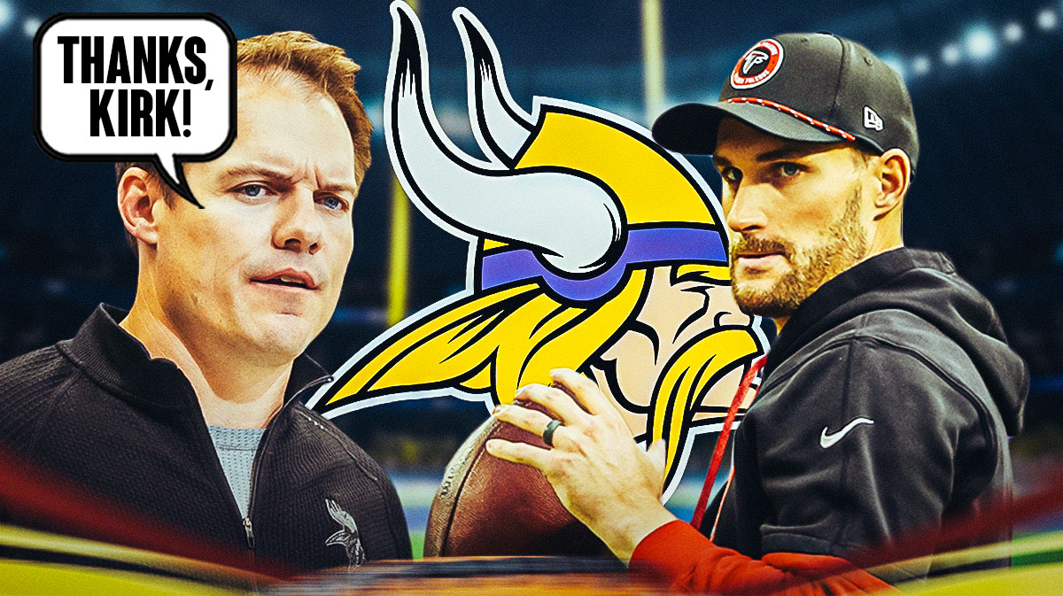 Vikings head coach Kevin O'Connell with a speech bubble that says "Thanks, Kirk!" He is next to QB Kirk Cousins. There is also a logo for the Minnesota Vikings.