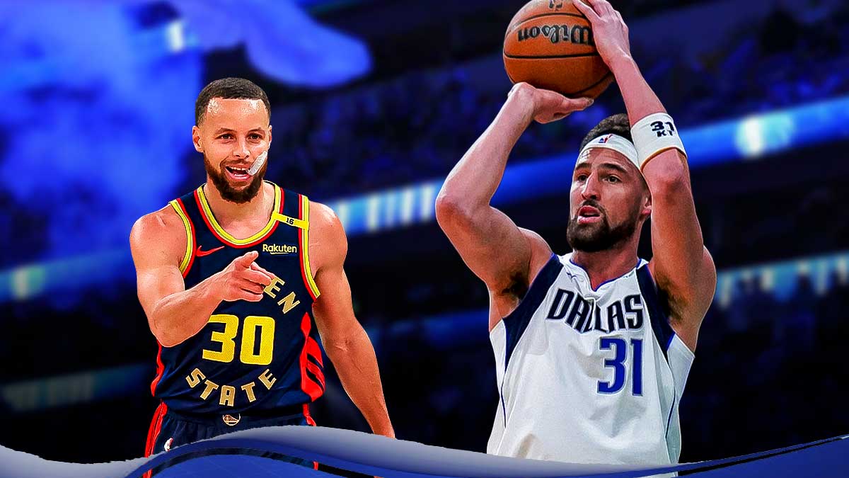 Mavericks Klay Thompson shooting a basketball on left. Warriors Stephen Curry looking at Thompson on right.