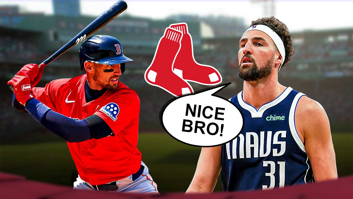 Klay Thompson on the left smiling and saying "Nice bro!" Trayce Thompson (in a Red Sox uniform) on the right. Red Sox logo in the middle.