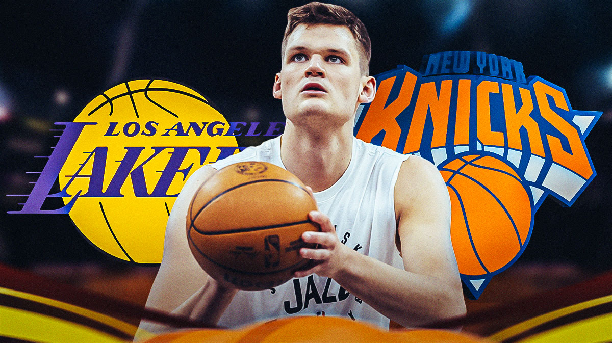 Utah Jazz center Walker Kessler with the logos of the Los Angeles Lakers and New York Knicks