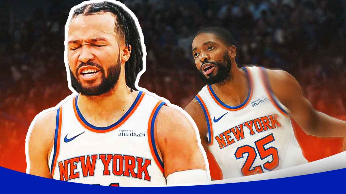 Need cover image of Jalen Brunson cringing in pain and Mikal Bridges flying/swooping in