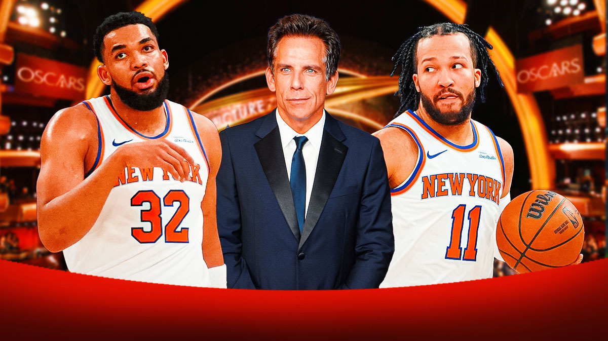 Ben Stiller in between New York Knicks players Karl-Anthony Towns and Jalen Brunson, who beat the Miami Heat on March 3, 2025, with Oscars ceremony background.