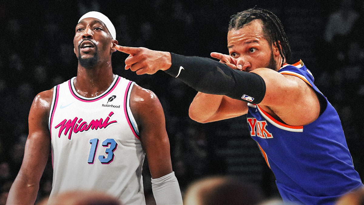 Knicks' Jalen Brunson hyped up, with Heat's Bam Adebayo looking sad beside him