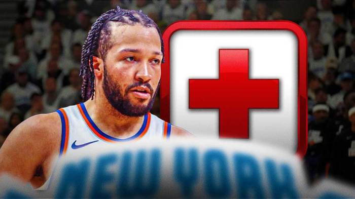 Jalen Brunson in action in Knicks jersey with medical kit beside him, Madison Square Garden as background