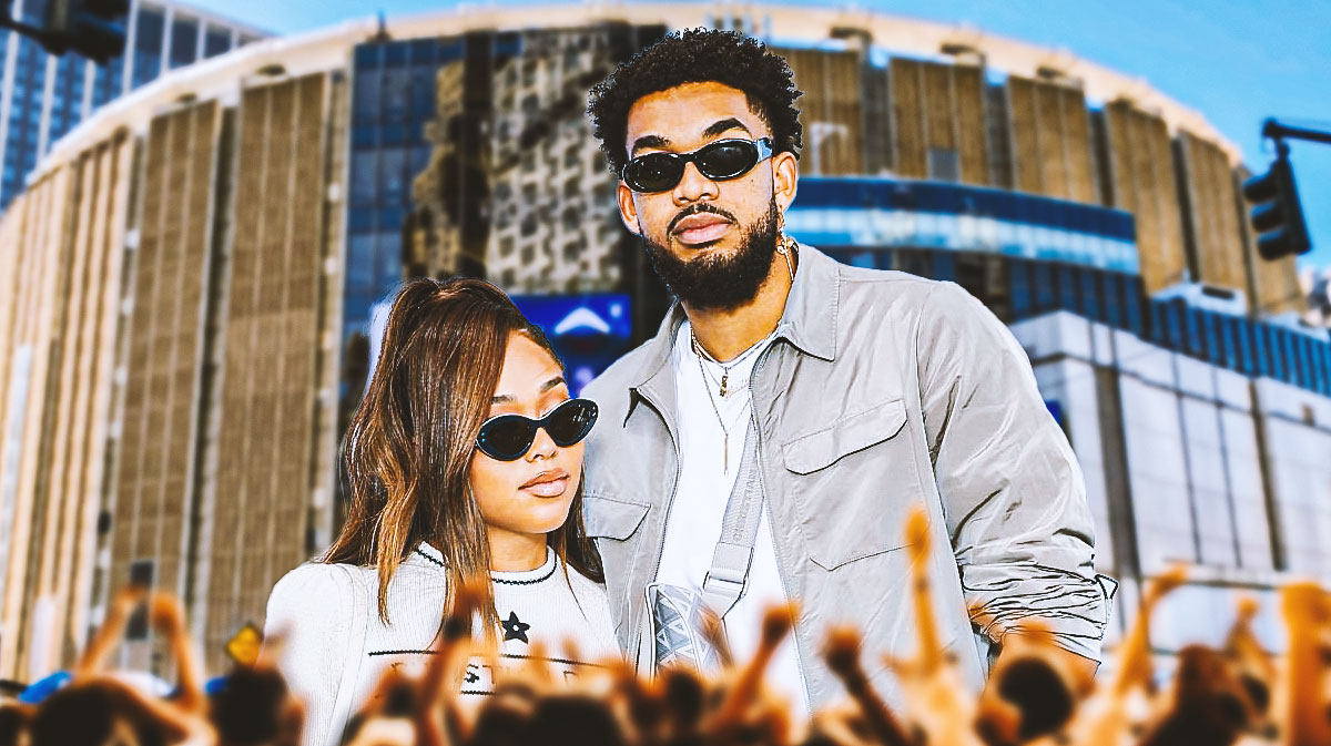 Karl-Anthony Towns with his girlfriend, Jordyn Woods, who posted about cancer, with Madison Square Garden background, the home of the New York Knicks.