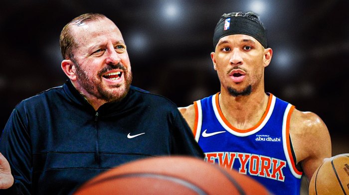 New York Knicks head coach Tom Thibodeau and Josb Hart in front of Madison Square Garden.