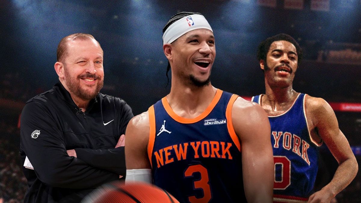 Knicks' Tom Thibodeau smiling at Josh Hart, with Walt Frazier (1970 version) beside them