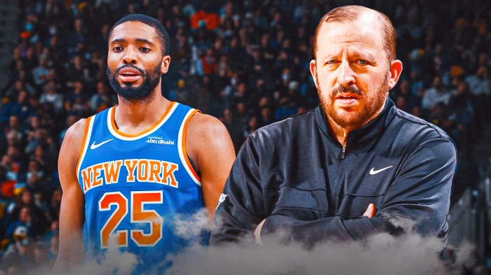 Featured Graphic idea: Image of Knicks head coach Tom Thibodeau looking upset next to image of Knicks Mikal Bridges