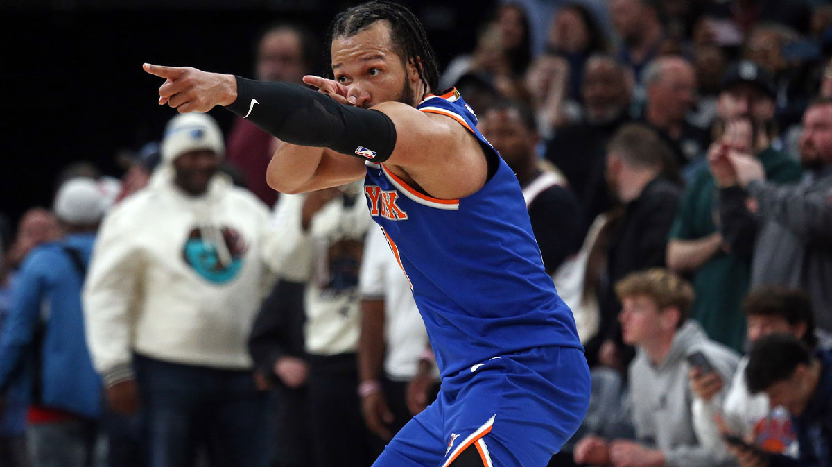 New York Knicks guard Jalen Brunson (11) reacts after a three point basket during the fourth quarter against the Memphis Grizzlies at FedExForum. 