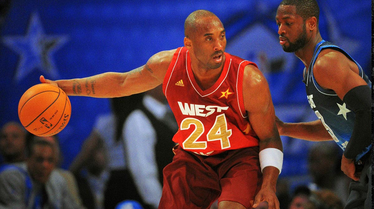 Western Conference guard Kobe Bryant of the Los Angeles Lakers (24) posts up against Eastern Conference guard Dwyane Wade (3) of the Miami Heat in the third quarter of the 2012 NBA All-Star Game at the Amway Center. 