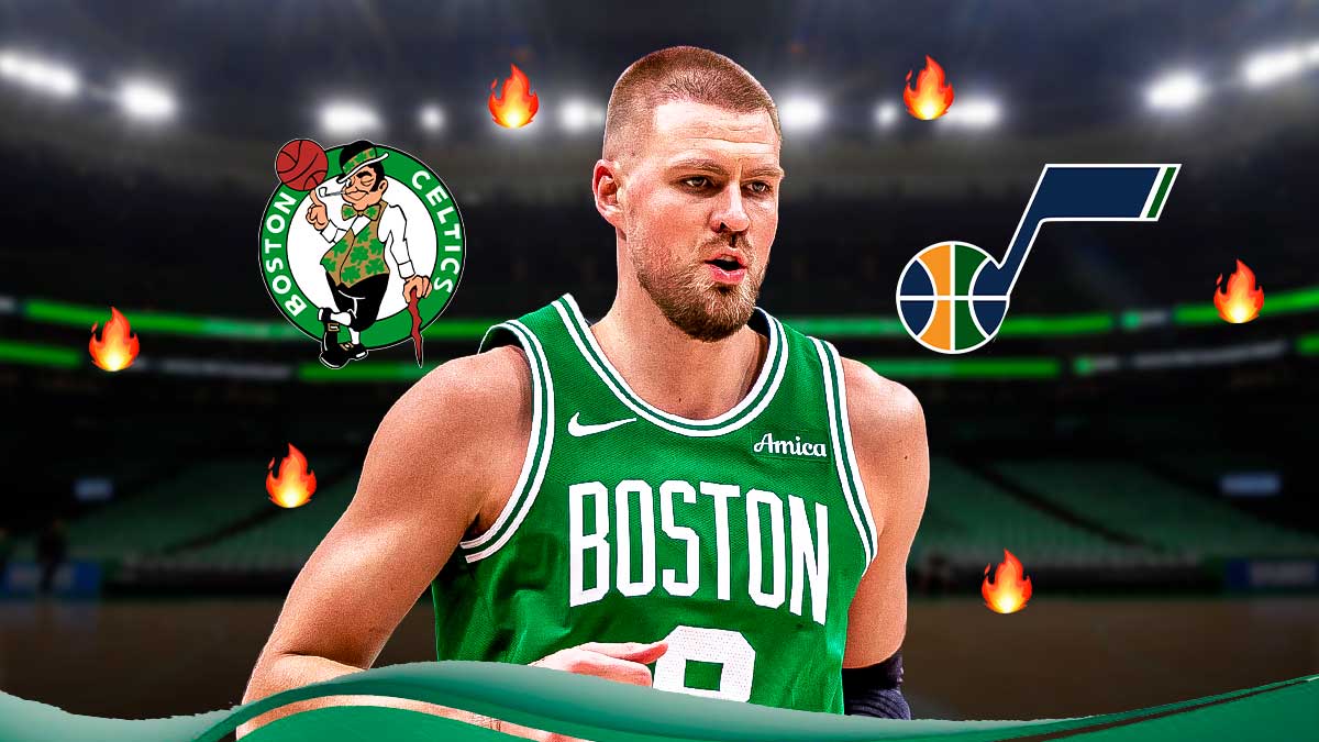 Kristaps Porzingis, Boston Celtics and Utah Jazz logos, fire symbols