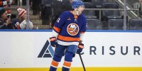 New York Islanders center Kyle Palmieri (21) circles back to center ice after scoring a goal in the first period against the Winnipeg Jets at UBS Arena.