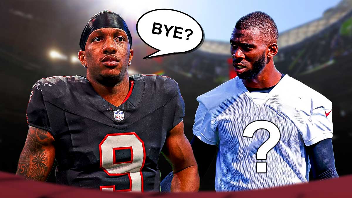 Michael Penix Jr. with a text bubble reading "Bye?" next to Kyle Pitts wearing a jersey with a ? instead of a number.