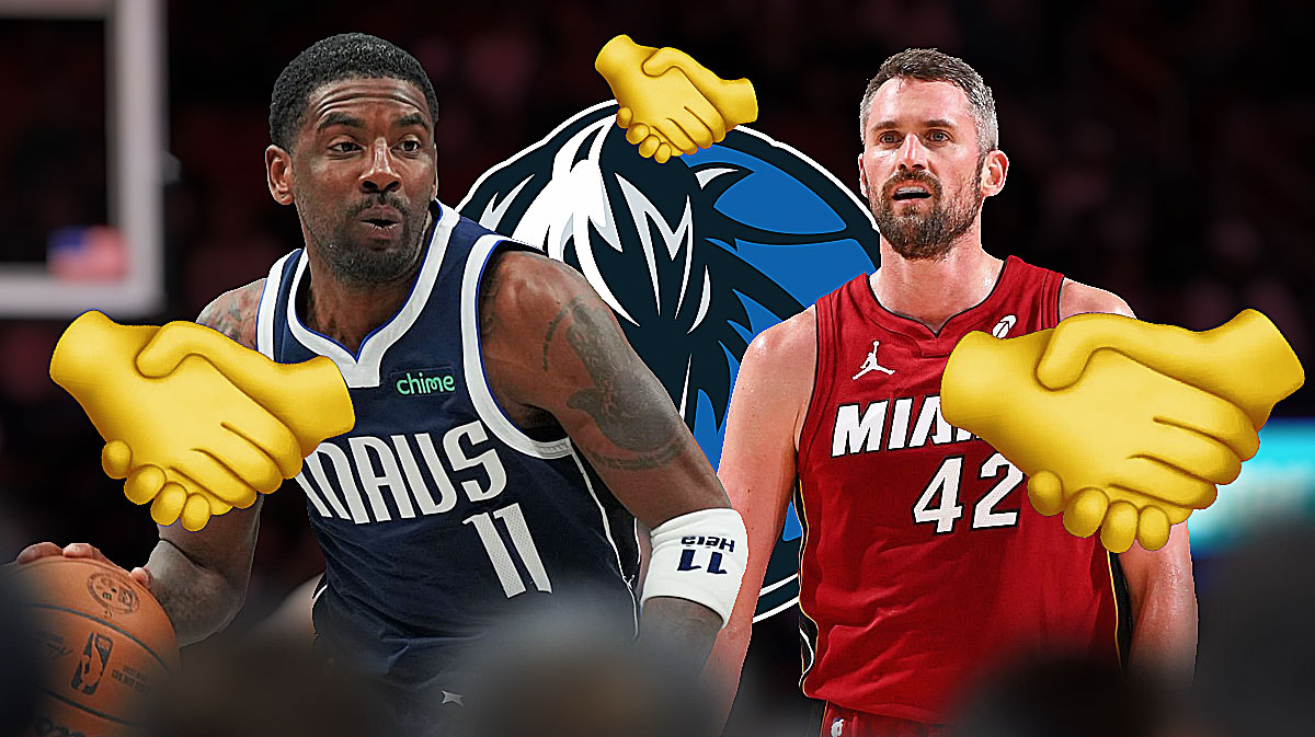 Kyrie Irving and Kevin Love, Dallas Mavericks logo, handshake symbols