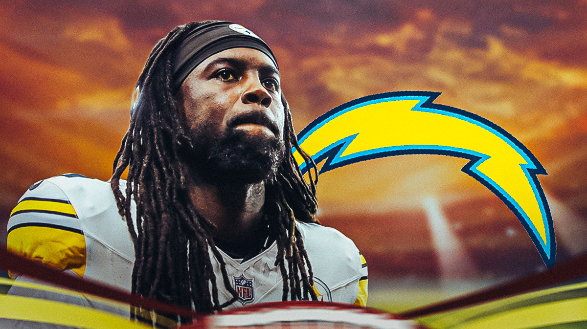Donte Jackson, Steelers, Chargers, Donte Jackson Steelers, Donte Jackson Chargers, Donte Jackson with Chargers logo on graphic, Chargers stadium in the background