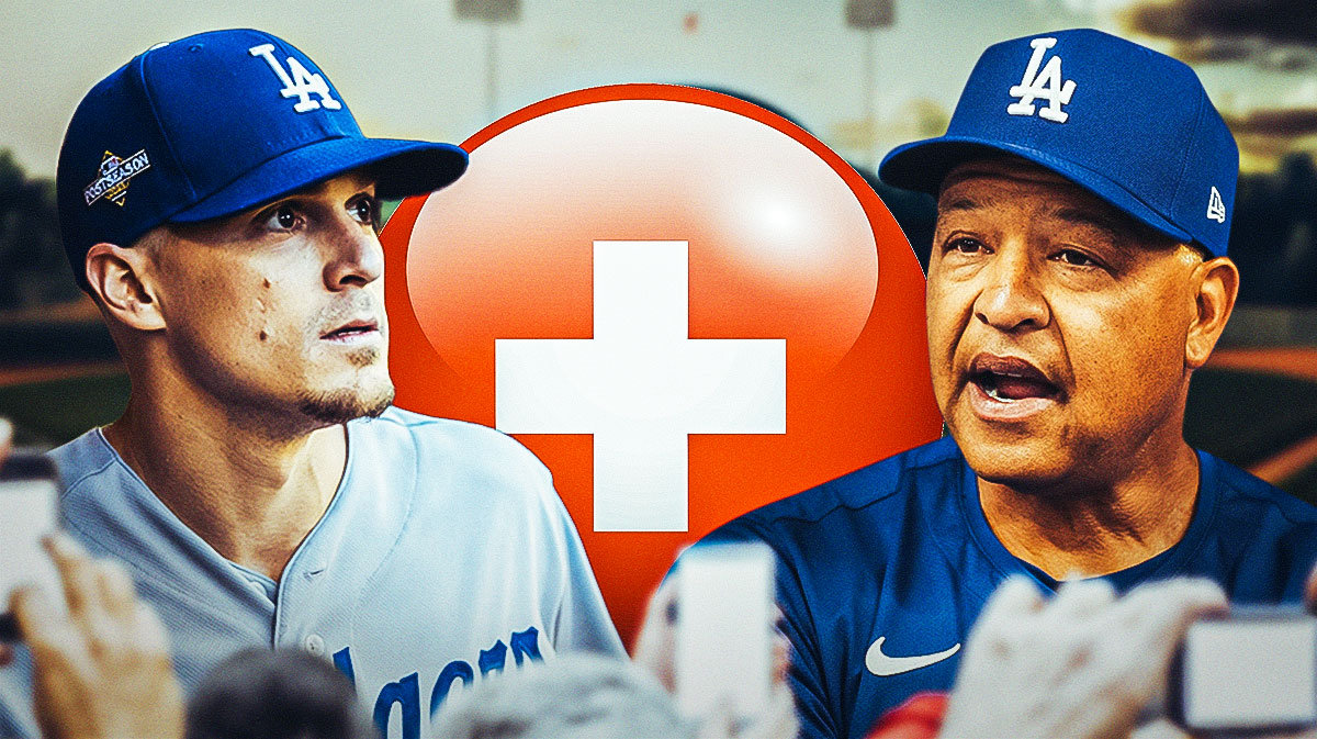Dodgers manager Dave Roberts and Kike Hernandez in a Dodgers uniform with red and white first aid symbol as kike hernandez's illness could sideline him.