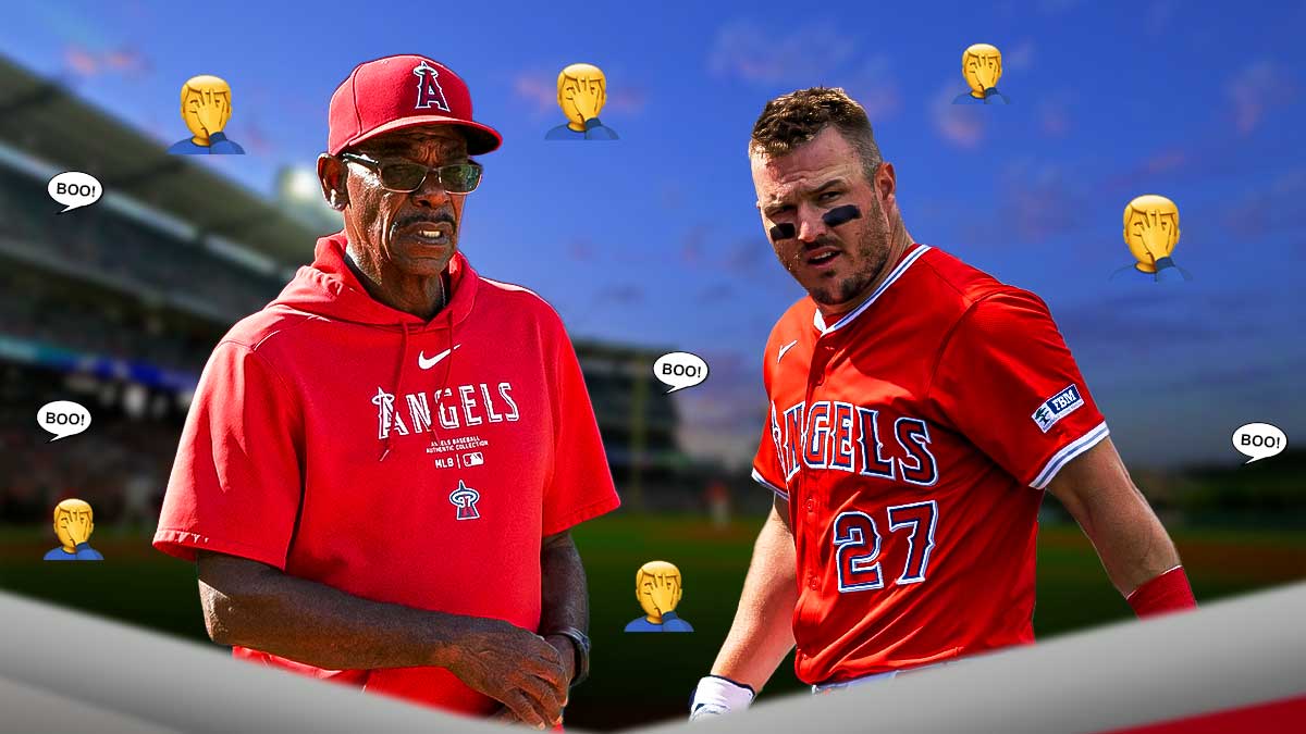 Angels manager Ron Washington and Mike Trout in an Angels uniform with a crowd of fans booing and face palm emojis around after angels loss to white sox on opening day.