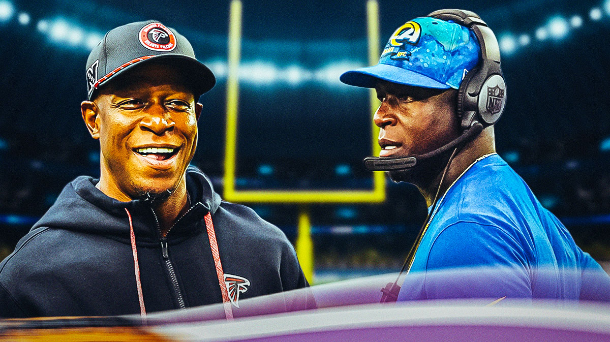 Raheem Morris in Falcons gear and another of him in Rams gear.
