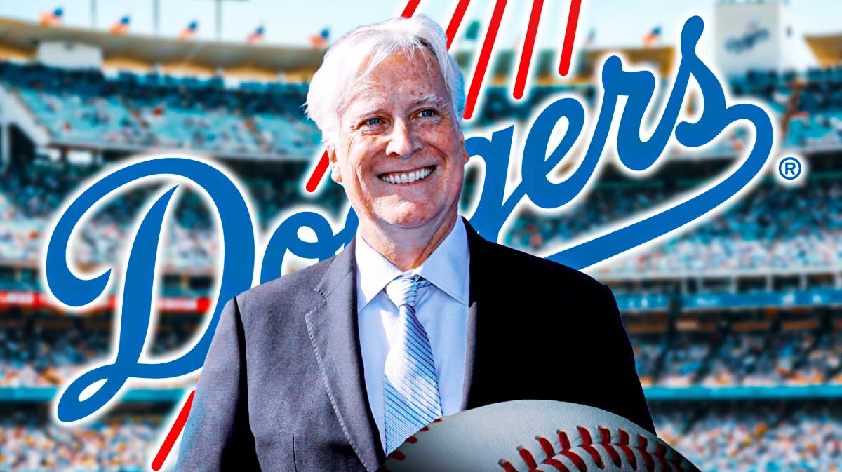 Dodgers owner Mark Walter Dodgers stadium in the background. please also include logo.