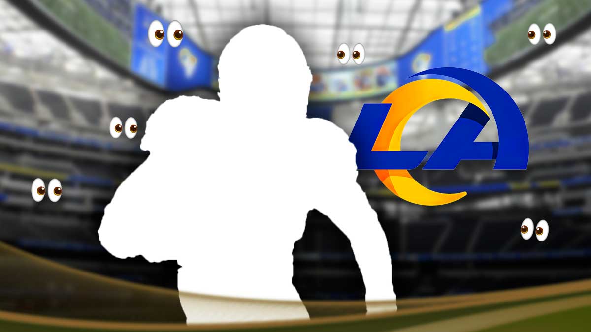 Los Angeles Rams logo with a silhouette of a wide receiver next to it. Surround both with emoji eyes