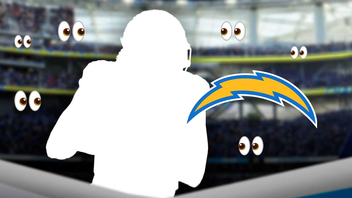 Chargers logo behind SILHOUETTE of TE Tyler Conklin. Multiple 👀 emojis in background. Background is SoFi Stadium.