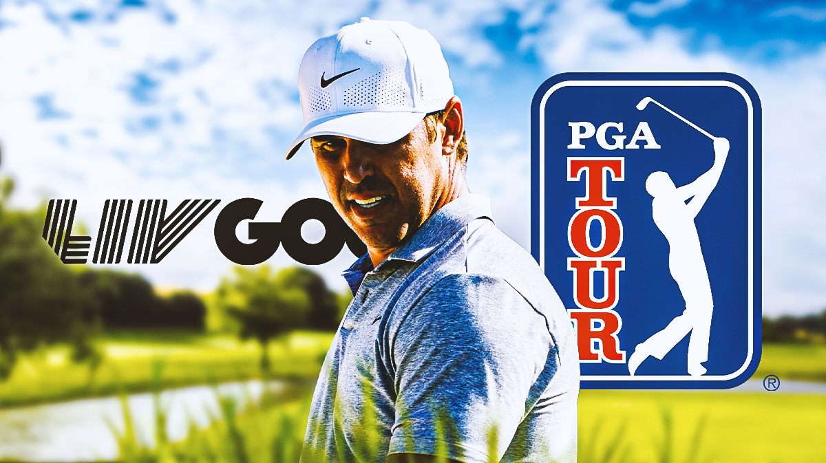 Brooks Koepka with Liv Golf logo behind to left and PGA Tour logo behind to right