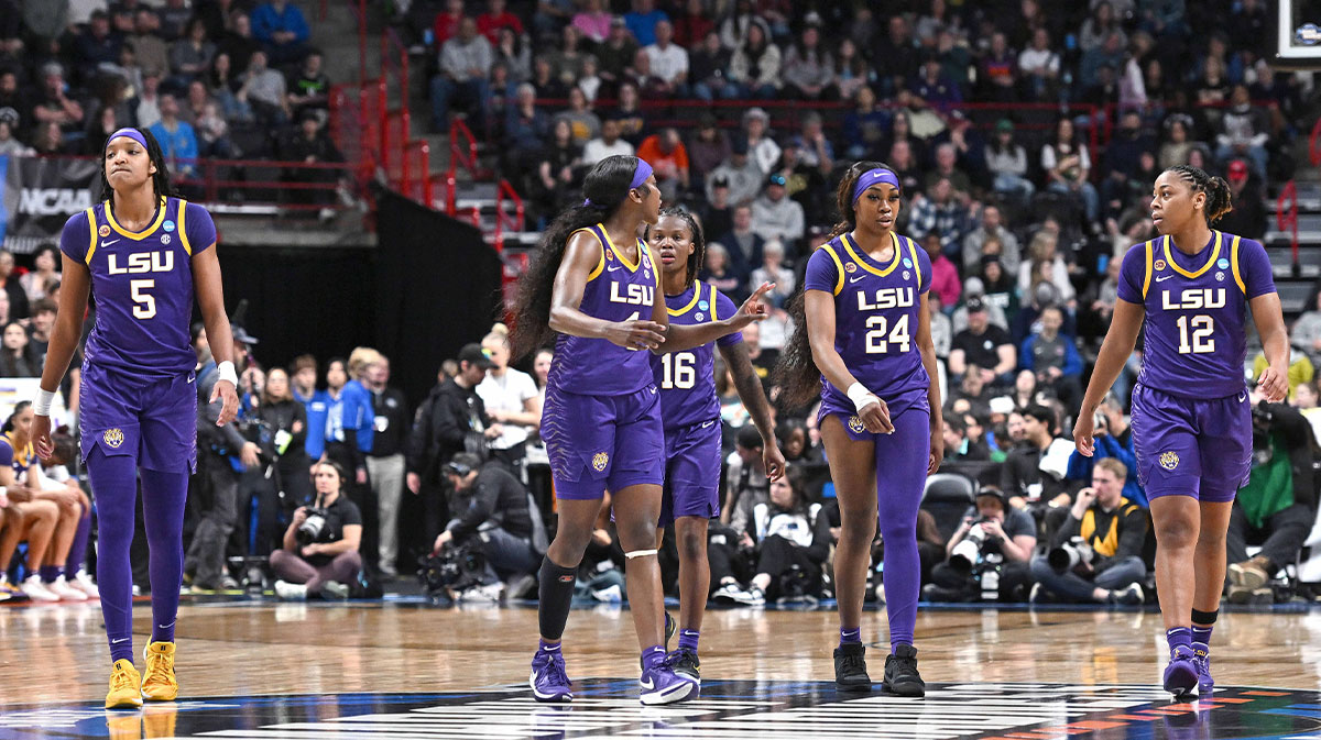 LSU Lady Tigers walk back onto the court after a time out against the UCLA Bruins during the second half of a Elite 8 NCAA Tournament basketball game at Spokane Arena.