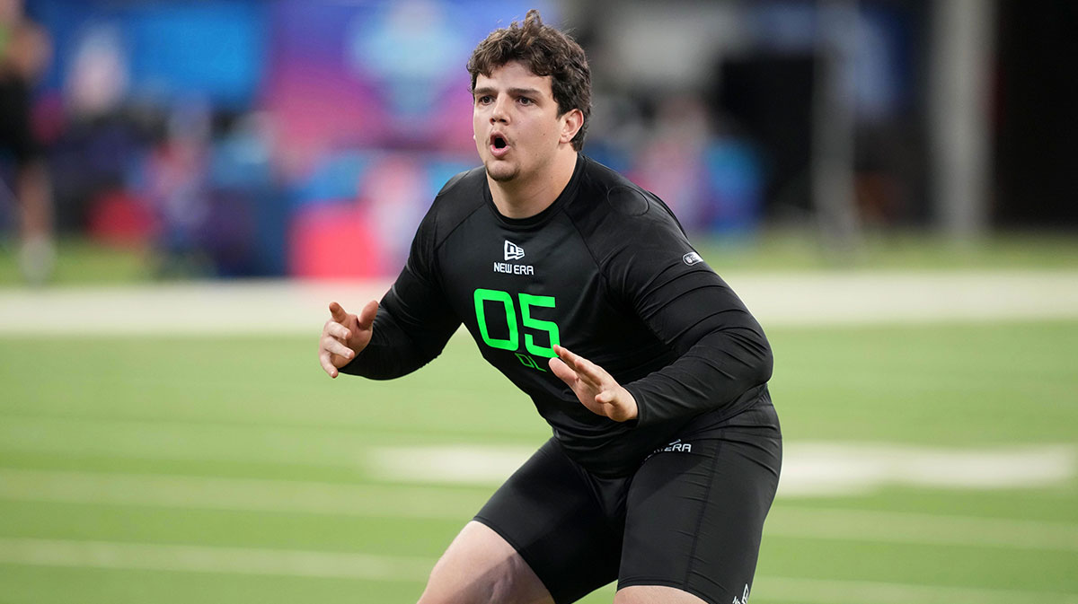 Mar 2, 2025; Indianapolis, IN, USA; LSU offensive lineman Will Campbell (OL05) during the 2025 NFL Scouting Combine at Lucas Oil Stadium. Mandatory Credit: Kirby Lee-Imagn Images