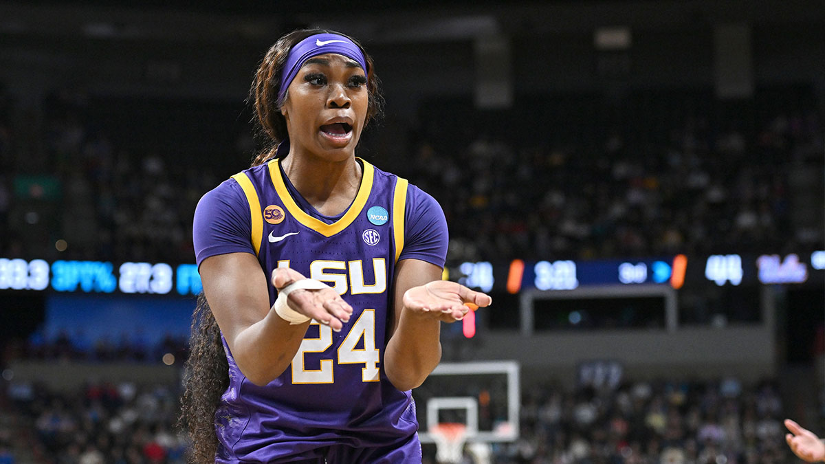 LSU Lady Tigers forward Aneesah Morrow (24) reacts after a play against the UCLA Bruins during the second half of a Elite 8 NCAA Tournament basketball game.