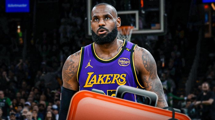 Photo: LeBron James in action in Lakers jersey, medical kit beside him