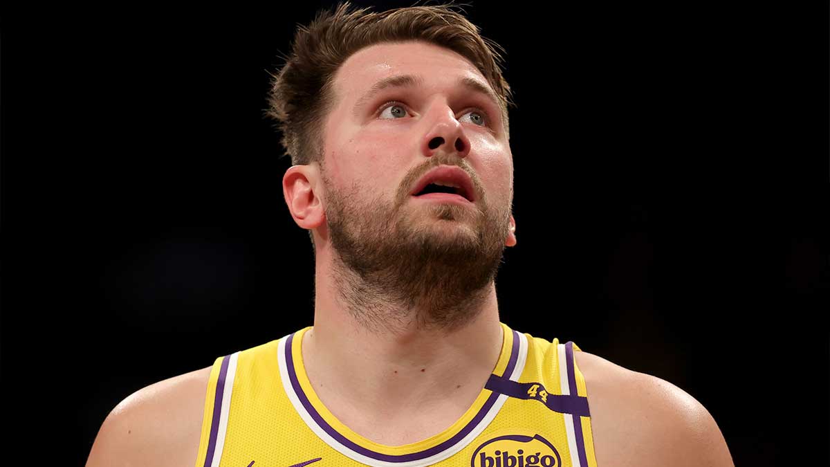 Los Angeles Lakers Guard Luka Doncic (77) reacts during the third quarter against Brooklyn networks in Barclays Center.