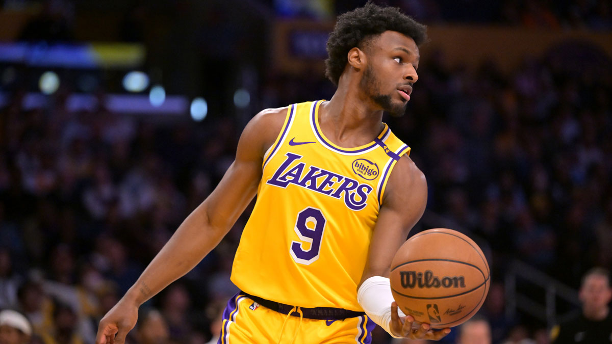 Los Angeles Lakers guard Bronny James (9) inbound the ball in the second half against the Denver Nuggets at Crypto.com Arena.