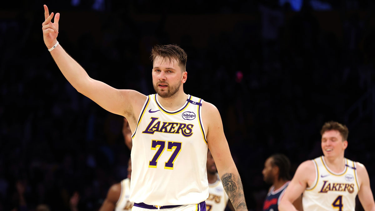 Los Angeles Lakers Guard Luka Doncic (77) responds to playback during the third quarter to La Clippers on Cripto.com Arena.