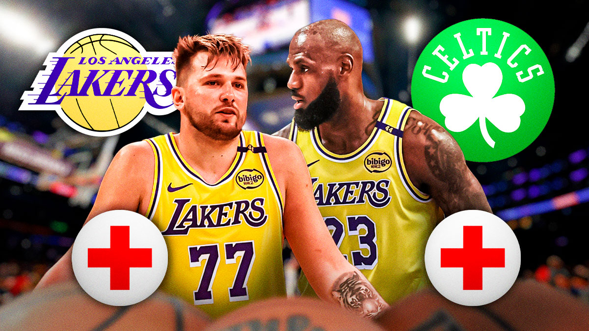Lakers All-Star LeBron James next to Lakers guard Luka Doncic next to the Lakers and Celtics logos with the health symbol in the background