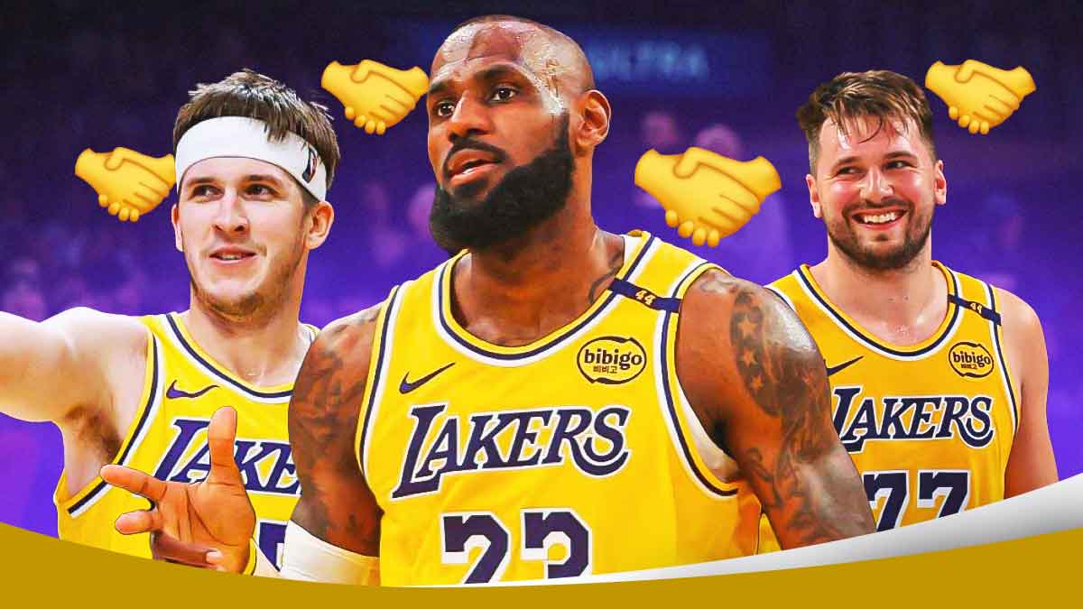LeBron James, Austin Reaves, Luka Doncic, LA Lakers logo, handshake symbols