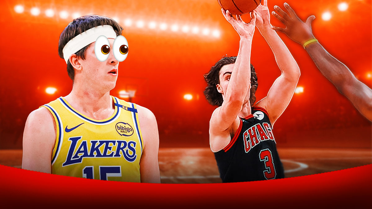 Bulls Josh Giddey shooting a half court shot in the Lakers-Bulls game on Thursday night. Then have Lakers Austin Reaves watching with cartoon eyes popping out.