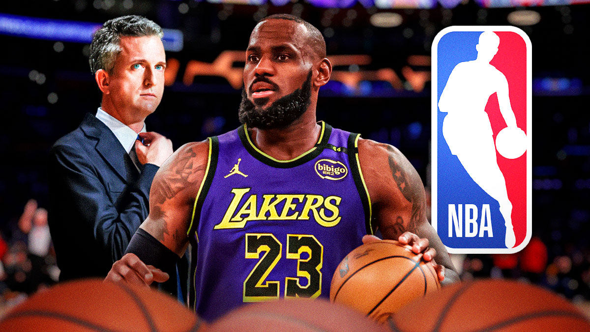 Lakers superstar LeBron James next to NBA analyst Bill Simmons with the NBA logo in the background