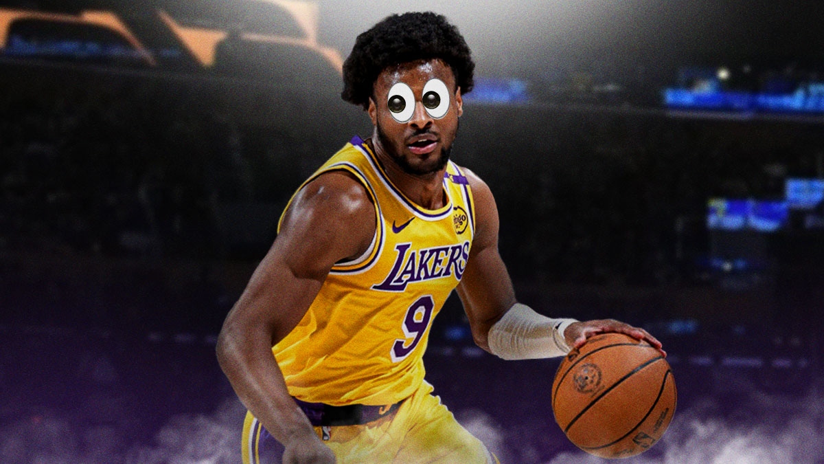 Lakers rookie Bronny James with eyes bugging out, Crypto.com Arena behind him